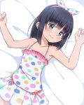  (object) 1girl bangs black_hair blunt_bangs bubukka closed_mouth collarbone dress eyebrows_visible_through_hair grey_eyes hairband himenogi_rinze looking_at_viewer love_r lying multicolored multicolored_polka_dots on_back polka_dot polka_dot_dress polka_dot_hairband short_hair sleeveless sleeveless_dress smile solo 