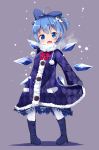  1girl ahoge alternate_costume bangs blue_bow blue_coat blue_eyes blue_footwear blue_gloves blue_hair blush boots bow bowtie breath buttons cirno coat coat_hold detached_wings eyebrows_visible_through_hair fang fur-trimmed_coat fur_collar fur_trim gloves hair_bow hair_ornament high_heel_boots high_heels highres ice ice_wings knee_boots long_sleeves makuran one_side_up pantyhose penguin_hair_ornament pigeon-toed plaid plaid_bow plaid_neckwear pom_pom_(clothes) purple_background red_bow red_neckwear short_hair simple_background snowing solo touhou unmoving_pattern white_legwear wings winter_clothes winter_coat 