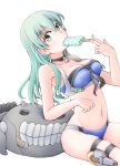  1girl alternate_costume aqua_eyes aqua_hair bikini blue_bikini breasts chocolate_mint_ice_cream collar collarbone cosplay food holding holding_food ice_cream johnston_(kantai_collection) johnston_(kantai_collection)_(cosplay) kantai_collection long_hair medium_breasts meihemu navel solo star suzuya_(kantai_collection) swimsuit thigh_strap 