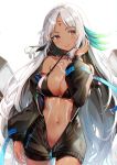  1girl azur_lane bangs bare_shoulders black_bikini_top black_jacket blush breasts choker cleavage closed_mouth collarbone commentary_request dark_skin eyebrows_visible_through_hair facial_mark feather_hair_ornament forehead_mark highres jacket large_breasts lips long_hair long_sleeves massachusetts_(azur_lane) navel off_shoulder open_clothes ran9u red_eyes silver_hair simple_background solo thighs white_background zipper zipper_pull_tab 