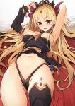  1girl armpits black_legwear blonde_hair breasts cape commentary_request detached_sleeves ereshkigal_(fate/grand_order) eyebrows_visible_through_hair fate/grand_order fate_(series) hair_over_one_breast hair_ribbon highres long_hair looking_at_viewer medium_breasts navel open_mouth red_eyes red_ribbon ribbon shuutou_haruka single_detached_sleeve single_thighhigh solo tears thighhighs two_side_up 