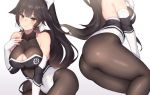  2d ass azur_lane black_hair blush breasts cleavage_cutout fingerless_gloves frown gloves hair_ribbon hand_on_own_chest leotard long_hair looking_at_viewer ribbon takao_(azur_lane) thighhighs white_background yellow_eyes 
