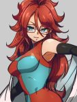  1girl android_21 black-framed_eyewear blue_eyes breasts checkered checkered_dress dragon_ball dragon_ball_fighterz dress earrings glasses grey_background hair_between_eyes hoop_earrings jewelry kemachiku labcoat large_breasts long_hair looking_at_viewer red_hair simple_background smile solo 