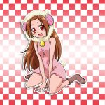  1girl :d bell between_legs boots brown_footwear brown_hair checkered checkered_background dokidoki!_precure dress hand_between_legs horns kneeling long_hair madoka_aguri niita open_mouth pink_dress precure red_eyes shiny shiny_hair short_dress sleeveless sleeveless_dress smile solo very_long_hair 