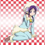  arm_support bell blue_pants blue_shirt brown_footwear checkered checkered_background closed_mouth fur-trimmed_pants fur-trimmed_sleeves fur_trim futari_wa_precure_splash_star horns long_hair long_sleeves looking_at_viewer mishou_mai neck_ribbon niita pants precure purple_eyes purple_hair ribbon shiny shiny_hair shirt sitting smile white_ribbon 