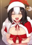  1girl :d ^_^ animal_ears black_hair breasts capelet cccpo christmas closed_eyes cow_ears cow_girl eyebrows_visible_through_hair hat holstein_(cccpo) large_breasts multicolored_hair open_mouth original red_headwear red_ribbon ribbon santa_hat short_hair smile solo two-tone_hair white_hair 