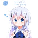  1girl blue_bow blue_eyes blue_hair blue_vest blush bow closed_mouth collared_shirt commentary deyui english_commentary followers gochuumon_wa_usagi_desu_ka? hair_ornament heart highres kafuu_chino long_hair rabbit_house_uniform shirt simple_background smile solo thank_you uniform upper_body vest waitress white_background white_shirt x_hair_ornament 