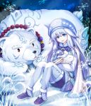  1girl absurdres ainu_clothes animal bead_necklace beads bear blue_eyes blue_hair bunny cape fate/grand_order fate_(series) hat highres holding holding_animal jewelry long_hair mittens necklace pantyhose polar_bear shirou_(fate/grand_order) sitonai sitting snow snowflakes thighhighs user_zfhc5573 