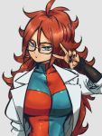  1girl android_21 black-framed_eyewear blue_eyes breasts checkered checkered_dress dragon_ball dragon_ball_fighterz dress earrings glasses grey_background hair_between_eyes hoop_earrings jewelry kemachiku labcoat large_breasts long_hair looking_at_viewer red_hair simple_background solo v 