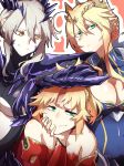  3girls artoria_pendragon_(all) artoria_pendragon_(lancer) artoria_pendragon_(lancer_alter) bangs blue_leotard braid breasts cape crown fate/apocrypha fate/grand_order fate_(series) french_braid green_eyes hair_between_eyes hair_ornament hair_scrunchie horns large_breasts leotard mordred_(fate) mordred_(fate)_(all) multiple_girls ponytail red_cape red_scrunchie revealing_clothes scrunchie sidelocks swept_bangs takatsuki_nato underboob yellow_eyes 