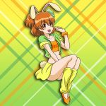  1girl :d animal_ears bangs between_legs brown_eyes brown_hair bunny_ears bunny_tail collarbone crop_top eyebrows_visible_through_hair fake_animal_ears fake_tail full_body go!_princess_precure gradient gradient_background green_background green_jacket hair_between_eyes hairband hand_between_legs haruno_haruka jacket leg_warmers medium_hair midriff miniskirt niita one_side_up open_clothes open_jacket open_mouth orange_footwear orange_scrunchie precure pumps scrunchie shiny shiny_hair short_sleeves sitting skirt smile solo stomach tail white_hairband wrist_scrunchie yellow_background yellow_legwear yellow_skirt 