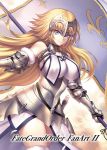  1girl armor armored_dress banner blonde_hair braid chain fate/grand_order fate_(series) faulds flag gauntlets headpiece jeanne_d&#039;arc_(fate) jeanne_d&#039;arc_(fate)_(all) long_hair nasaniliu plackart purple_eyes smile standard_bearer thighhighs title very_long_hair 