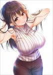  1girl arms_up bangs black_hair blush breasts brown_eyes highres large_breasts long_hair looking_at_viewer nanase_meruchi original simple_background sleeveless smile solo white_background 