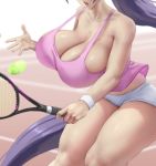  1girl absurdly_long_hair ball bouncing_breasts breasts cleavage commentary eu03 fate/grand_order fate_(series) head_out_of_frame huge_breasts long_hair minamoto_no_raikou_(fate/grand_order) motion_blur no_bra open_mouth pink_shirt purple_hair racket shirt short_shorts shorts sideboob solo sportswear strap_gap symbol_commentary tank_top tennis tennis_ball tennis_court tennis_racket thighs veins veiny_breasts very_long_hair white_shorts 
