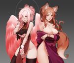  2017 animal_humanoid asian_clothing blush breasts canid canid_humanoid canine canine_humanoid cleavage clothed clothing duo east_asian_clothing feathered_wings feathers female fox_humanoid gradient_background green_eyes humanoid humanoid_pointy_ears legwear less_(artist) looking_at_viewer mammal mammal_humanoid pussy simple_background smile stockings winged_humanoid wings 