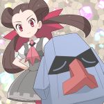  1girl arms_behind_back breasts brown_hair dress gen_3_pokemon grey_dress lins_(kagekusa) long_hair looking_at_viewer nosepass pantyhose pinafore_dress pink_legwear pink_neckwear pokemon pokemon_(game) pokemon_masters red_eyes short_sleeves smile standing tsutsuji_(pokemon) twintails 