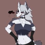  2019 anthro bottomwear canid canid_demon canine canis clothing collar demon female fingerless_gloves gloves handwear hellhound helluva_boss loona_(vivzmind) mammal red_sclera shorts solo spiked_collar spikes wolf xan0712 