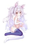  1girl animal_ear_fluff animal_ears ass azur_lane bikini black_legwear cat_ears cat_tail detached_sleeves flat_chest full_body highres jewelry laffey_(azur_lane) legs long_hair mismatched_legwear navel nipples paw_pose red_eyes ring side-tie_bikini silver_hair simple_background single_detached_sleeve sitting smile sogegin solo swimsuit tail thighhighs thighs twintails very_long_hair white_background white_bikini white_legwear 