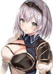  1girl bangs belt blush braid breastplate breasts circlet cleavage cleavage_cutout commentary from_above gold_trim green_eyes hololive large_breasts looking_at_viewer medium_hair mole mole_on_breast motsunuki parted_lips shirogane_noel shoulder_armor simple_background solo virtual_youtuber white_background white_hair 