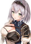  1girl armor bad_id bad_twitter_id belt blush braid breasts chest_belt circlet cleavage cleavage_cutout clothing_cutout commentary from_above gold_trim green_eyes grey_hair hololive large_breasts looking_at_viewer medium_hair mole mole_on_breast motsunuki parted_lips shirogane_noel shirogane_noel_(1st_costume) shoulder_armor simple_background solo upper_body virtual_youtuber wavy_hair white_background 