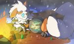  2019 3_toes arcanine belly big_belly blush campfire cel_shading claws digital_media_(artwork) duo ears_back eeveelution feral fluffy fur hi_res hybrid internal leafeon lycanroc mammal multicolored_body multicolored_fur night nintendo oral_vore orange_body orange_fur outside pivoted_ears pok&eacute;mon pok&eacute;mon_(species) sallandril size_difference smile toes tongue tongue_out video_games vore white_body white_fur yellow_body 