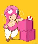  2019 armor belt big_breasts bodily_fluids box breasts cleavage clothed clothing digital_media_(artwork) duo female female_focus fungi_fauna fungus hair half-closed_eyes hard_hat headgear helmet hi_res humanoid joaoppereiraus mario_bros narrowed_eyes nintendo nipple_outline not_furry open_mouth pigtails pink_hair pseudo_hair short_stack simple_background solo_focus sweat thick_thighs tired toad_(mario) toadette topwear vest video_games voyeur wide_eyed wide_hips 