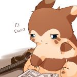  2019 brown_body brown_fur fur furret ke_mo_suke musical_instrument nintendo pok&eacute;mon pok&eacute;mon_(species) reading simple_background sitting solo text video_games 