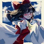  1girl ascot black_hair blue_eyes blush bow breasts cloud cloudy_sky cowboy_shot detached_sleeves eyebrows_visible_through_hair hair_bow hair_tubes hakurei_reimu looking_at_viewer medium_breasts medium_hair nontraditional_miko open_mouth sky smile solo touhou washman711 wide_sleeves wind 