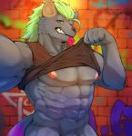 abs absurd_res better_version_at_source bottomless clothed clothing clothing_lift condom delta3814 green_hair hair hi_res hyaenid male mammal mohawk_(disambiguation) muscular muscular_male nipples nyarlathotep_(housamo) pecs pubes selfie shirt shirt_lift tokyo_afterschool_summoners topwear video_games 