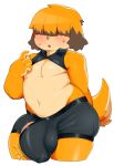  2019 4_fingers anthro berseepon09 blush bodily_fluids bulge canid canine canis clothing dog_(berseepon09) domestic_dog fingers fur girly hair hair_over_eyes hi_res kemono male mammal open_mouth orange_body orange_fur orange_hair penis_outline simple_background solo sweat wardrobe_malfunction white_background 