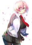  1girl ahoge bangs black_legwear black_skirt breasts collared_shirt cowboy_shot eyebrows_visible_through_hair eyes_visible_through_hair fate/grand_order fate_(series) glasses hair_over_one_eye hood hoodie huge_breasts lips long_sleeves mash_kyrielight nanase_meruchi necktie pantyhose petals pink_hair purple_eyes red_neckwear shirt short_hair simple_background skirt smile solo white_background 