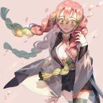  1girl artist_name black_skirt breasts cherry_blossoms cleavage coat cowboy_shot eyelashes gradient_hair green_eyes green_hair hair_between_eyes haori heart heart_print highres japanese_clothes kanroji_mitsuri katana kimetsu_no_yaiba large_breasts lemontea long_hair long_sleeves looking_at_viewer miniskirt mole mole_under_eye multicolored_hair nail_polish open_mouth partially_unbuttoned petals pink_background pink_hair pleated_skirt red_nails scabbard sheath sheathed signature simple_background skirt solo sword thighhighs thighs tri_braids two-tone_hair uniform weapon wide_sleeves wind zettai_ryouiki 