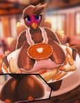  2019 anthro apron areola avian beak big_breasts bird blurred_background breasts butt carrot clothing female food galliform hi_res holidays huge_breasts looking_at_viewer nipples phasianid plant solo text thanksgiving thousandfoldfeathers turkey url vegetable 