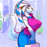  2019 anthro breasts clothed clothing digital_media_(artwork) dragon female horn hybrid non-mammal_breasts scales shnider smile white_body white_scales wingless_dragon 