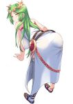  1girl ass breasts dress from_behind green_eyes green_hair hanging_breasts highres kid_icarus large_breasts long_hair looking_back manno_(kanpi2100) palutena see-through side_slit single_thighhigh strapless strapless_dress thighhighs white_background 