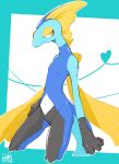  2019 abstract_background ambiguous_gender anthro blue_body digital_media_(artwork) fin half-closed_eyes head_fin inteleon narrowed_eyes navel nina27_sg nintendo pok&eacute;mon pok&eacute;mon_(species) portrait reptile scalie signature smile solo three-quarter video_games yellow_eyes 