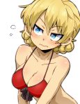  1girl aono3 bangs bikini blonde_hair blue_eyes blush bow_bikini braid breasts bright_pupils cleavage closed_mouth commentary darjeeling embarrassed eyebrows_visible_through_hair flying_sweatdrops frown girls_und_panzer half-closed_eyes highres leaning_to_the_side looking_away medium_breasts red_bikini short_hair simple_background solo swimsuit tied_hair twin_braids upper_body wavy_mouth white_background white_pupils 