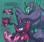  black_hair evolutionary_family fangs green_background green_body green_skin grimmsnarl hair imp impidimp japanese_text level_difference long_hair looking_at_another morgrem multiple_images nintendo odo_7ta pink_body pink_skin pok&eacute;mon pok&eacute;mon_(species) red_eyes simple_background speech_bubble text troll video_games 