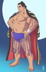  1boy arabagi bara barefoot black_hair blue_background brown_eyes copyright_request full_body hands_on_hips looking_at_viewer male_focus mawashi muscle navel official_art pectorals simple_background solo standing sumo wristband 