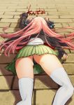  1girl black_jacket black_panties blood cluseller corpse death go-toubun_no_hanayome green_skirt gundam gundam_tekketsu_no_orphans hair_ornament hair_ribbon highres jacket long_hair lying nakano_nino orga_itsuka panties pantyshot pantyshot_(lying) parody pink_hair pool_of_blood ribbon shirt skirt solo spoilers thighhighs thighs underwear upskirt white_legwear white_shirt zettai_ryouiki 