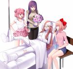  5girls :o artist_name bandaged_arm bandaged_head bandaged_leg bandaged_neck bandages bandaid bandaid_on_nose bangs beige_sweater black_pants blue_eyes blue_shorts bouquet bow box brown_hair cast casual chair chocolate_chip_cookie commentary commission cookie cupcake doki_doki_literature_club eating english_commentary eyebrows_visible_through_hair fang flower food frown green_eyes hair_between_eyes hair_bow hair_down hair_ornament hairclip hands_on_hips highres injury long_hair long_sleeves looking_at_another monika_(doki_doki_literature_club) multiple_girls natsuki_(doki_doki_literature_club) one_eye_covered open_mouth pants pink_eyes pink_hair pink_shirt pink_skirt potetos7 purple_eyes purple_hair reclining red_bow ribbed_sweater sayori_(doki_doki_literature_club) shirt short_hair short_shorts short_sleeves shorts sidelocks simple_background sitting skirt standing sweater turtleneck turtleneck_sweater two_side_up v-shaped_eyebrows very_long_hair watermark white_background white_shirt yuri_(doki_doki_literature_club) 