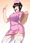  1girl black_hair blue_eyes breasts clipboard dress hat highres looking_at_viewer medium_breasts nurse nurse_cap open_mouth original panties pantyshot pantyshot_(standing) pink_dress ryuusei&#039;s_short-haired_girl ryuusei_(mark_ii) short_dress short_hair side_slit skindentation solo standing thermometer thick_thighs thighhighs thighs underwear white_legwear white_panties zettai_ryouiki 