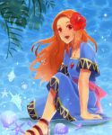  1girl :d blue_dress dress flower hair_flower hair_ornament highres jewelry long_hair looking_at_viewer maki_soyogo marin_(the_legend_of_zelda) necklace open_mouth orange_hair red_eyes sandals seashell shell short_sleeves sitting smile solo starfish the_legend_of_zelda the_legend_of_zelda:_link&#039;s_awakening water 