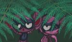  2019 duo fangs ferns green_background hand_on_face humanoid_pointy_ears imp impidimp leaf looking_at_viewer male nintendo odo_7ta pink_body pink_skin pok&eacute;mon pok&eacute;mon_(species) simple_background tongue tongue_out video_games 