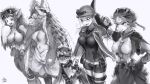  1other 4girls age_difference age_progression animal_ears ara_ara breasts commentary english_commentary fur glasses greyscale helmet highres holding_hands impossible_clothes large_breasts long_hair made_in_abyss medium_breasts mitty_(made_in_abyss) monochrome multiple_girls nanachi_(made_in_abyss) navel ojou-sama_pose paws prushka regu_(made_in_abyss) riko_(made_in_abyss) semi-rimless_eyewear short_hair tagme the_golden_smurf under-rim_eyewear unitard weapon you_gonna_get_raped 