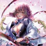  1girl breasts cherry_blossoms cleavage coat cowboy_shot gradient_hair green_eyes green_hair hand_on_own_cheek haori heart heart_print japanese_clothes kanroji_mitsuri katana kimetsu_no_yaiba long_hair long_sleeves looking_at_viewer medium_breasts mole mole_under_eye multicolored_hair open_mouth partially_unbuttoned petals pink_hair solo sword tri_braids twitter_username two-tone_hair uniform weapon whip_sword wide_sleeves yuzu_5101 