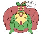  2019 anthro appletun balls belly english_text green_body humanoid_hands konu-san male moobs nintendo nipples overweight overweight_male penis pok&eacute;mon pok&eacute;mon_(species) scalie sitting solo text video_games 