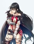  1girl bandaged_arm bandages bare_shoulders belt black_hair braid breasts choker cleavage cloak collarbone cowboy_shot dress hair_between_eyes holding_arm lips long_hair low-tied_long_hair medium_breasts midriff navel short_dress side_braid simple_background solo tales_of_(series) tales_of_berseria thigh_strap thighs torn_clothes vambraces velvet_crowe wakusei-planet white_background yellow_eyes 