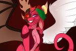  &lt;3 anthro breasts clevzx clothed clothing dragon female flower grin half-closed_eyes hi_res horn looking_at_viewer multi_eye narrowed_eyes non-mammal_breasts pink_body plant rose_(flower) scalie signature skimpy smile solo wings 