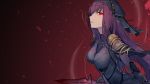  1girl fate/grand_order fate_(series) highres purple_hair red_background red_eyes scathach_(fate)_(all) scathach_(fate/grand_order) source_request tagme third-party_edit walzrj 